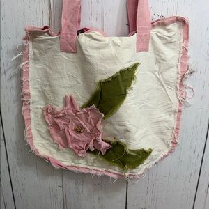 Linen Cotton Floral Canvas Tote Bag with Pink and Green Accents